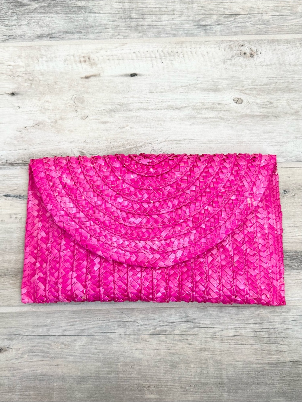 Classic Pink Woven Straw Envelope Flap Clutch Bag